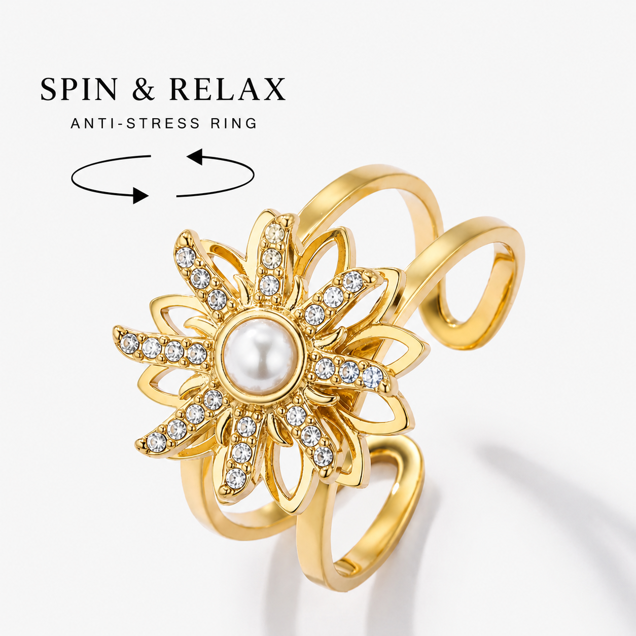 Kultainen ÉLINE L’ATELIER Fleur Spin pyörivä anti-stress-sormus kukkakoristeella
