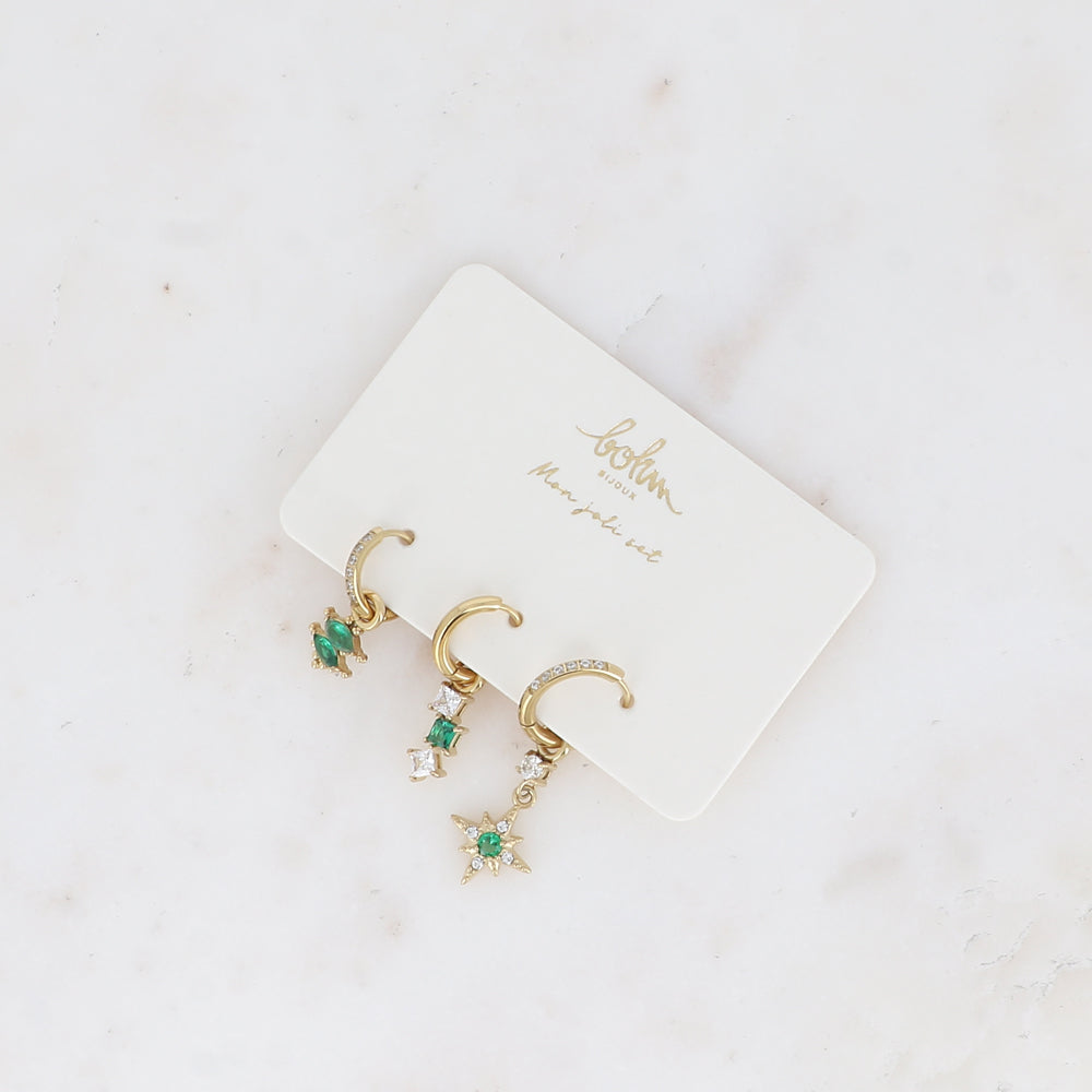 Bohm Paris Celeste vihreä kristalli korvakorusetti kolme rengaskorvakorua.