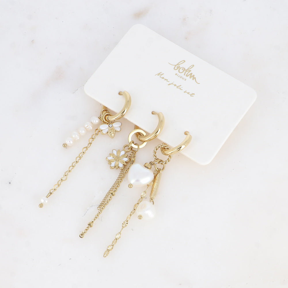 Bohm Paris Siam kultaiset rengaskorvakorut helmillä ja ketjuilla