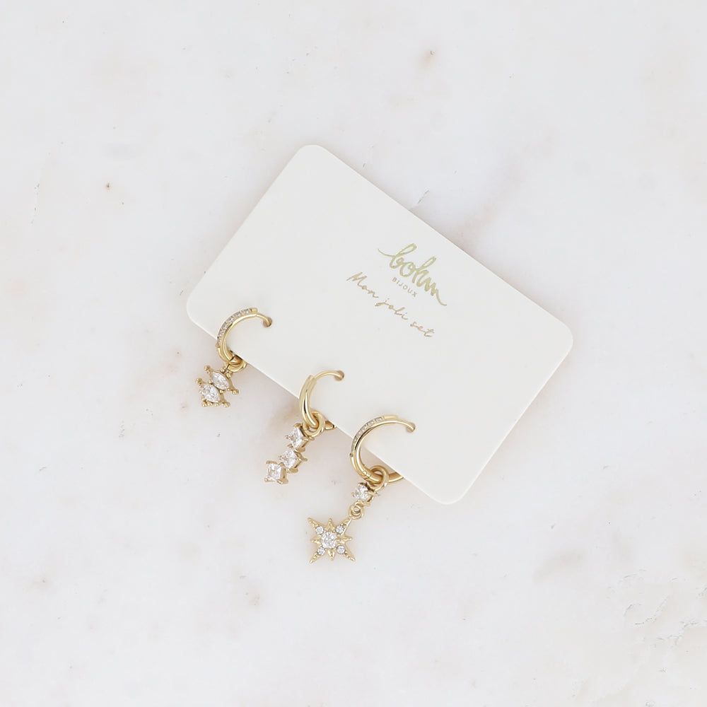 Bohm Paris Celeste kristallikorvakorujen setti kolme rengaskorvakorua kulta.