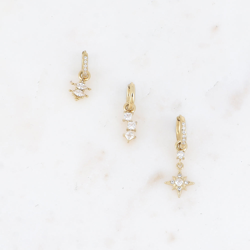 Bohm Paris Celeste kolmen korvakorun setti kristalliriipuksilla.