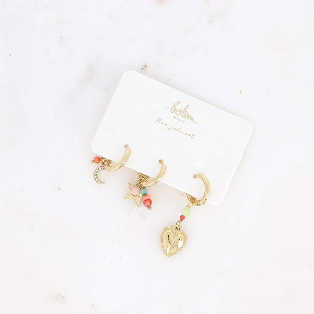 Bohm Paris Saffiya värikäs korvakorusetti kuu tähti ja sydän.