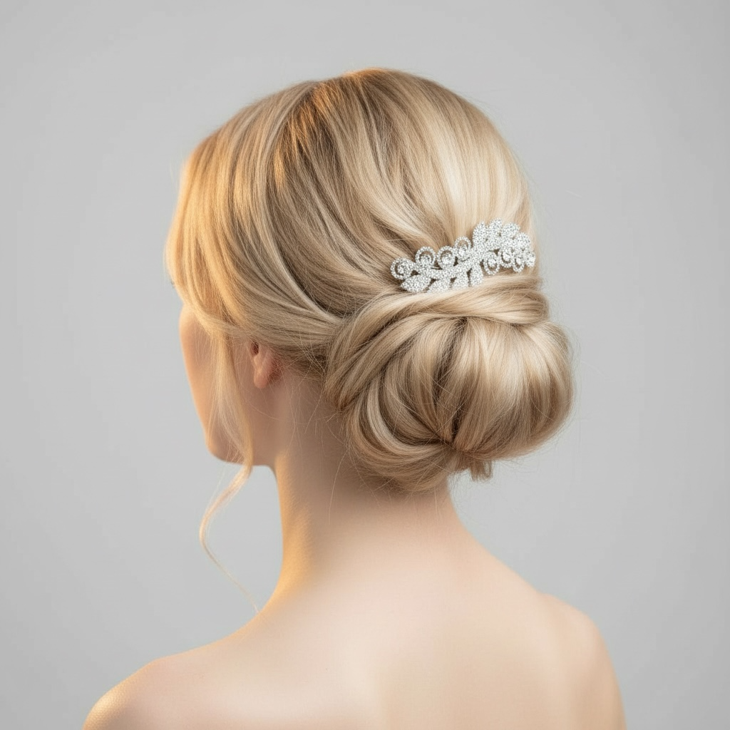 Hopeanvärinen Classic Crystal Headpiece kampauksessa – ajaton kristallihiussomiste.