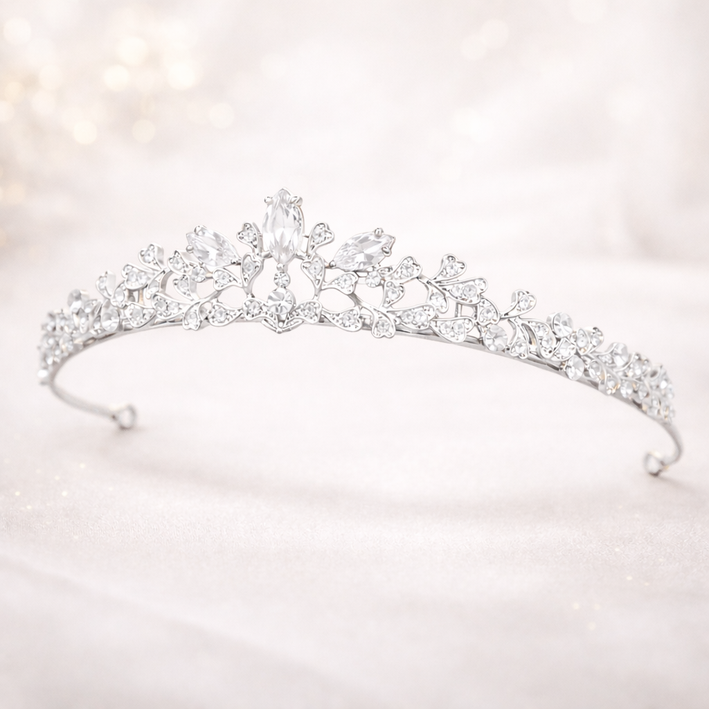 ROMANCE Vivienne tiara lähikuvassa – hopeanvärinen tiara kirkkailla kivillä ja cubic zirconioilla.