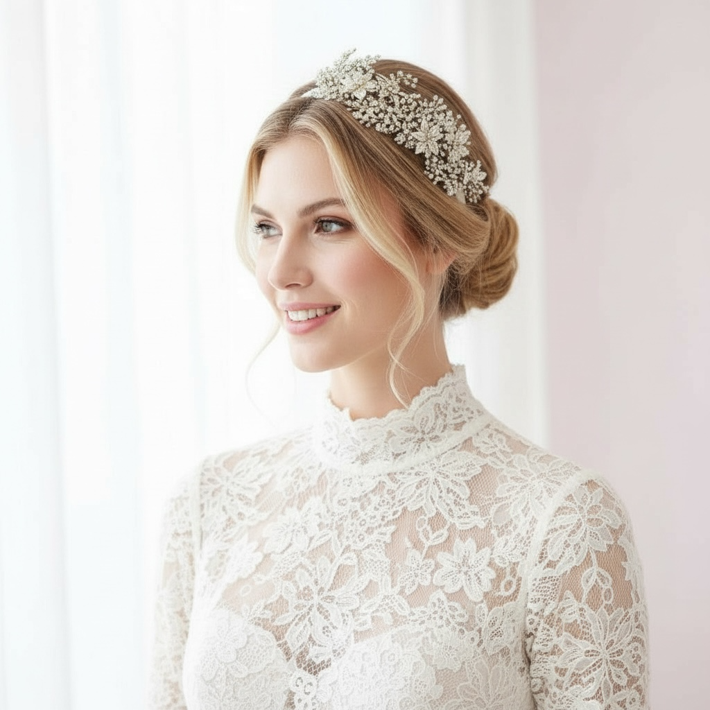 Hiuskoru, panta/ROMANCE, Glamorous Headpiece with Silver Flowers