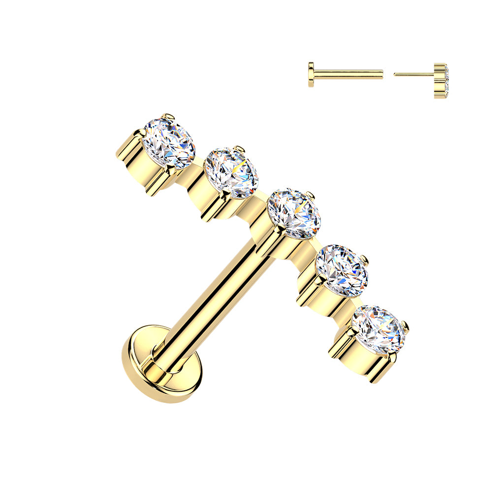 Kullanvärinen titaaninen labret rustokoru, kaareva viiden kirkkaan kristallin rivi, push in -kiinnitys.