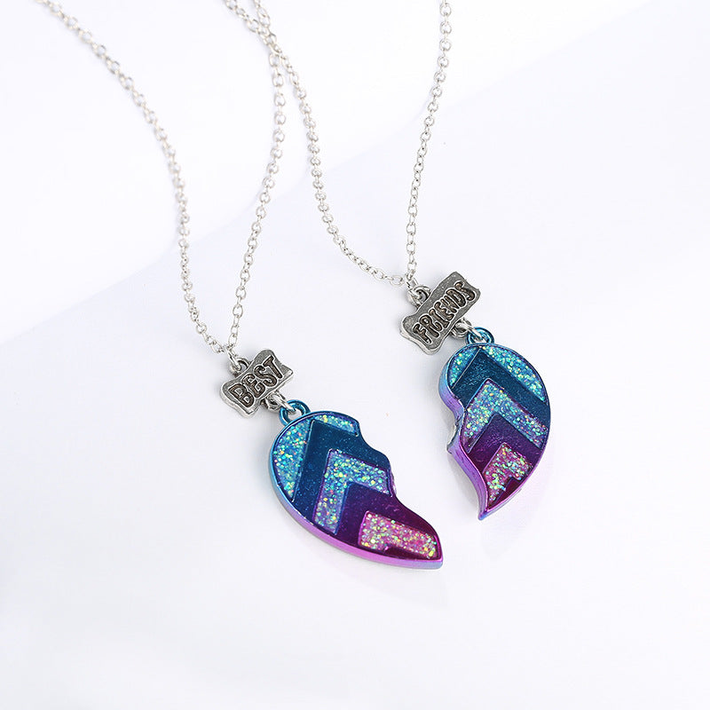 Shimmer Heart ystävyyskaulakoru kahdelle – kimaltava sydänkoru sinisen, violetin ja pinkin sävyissä, best friends -korusetti.