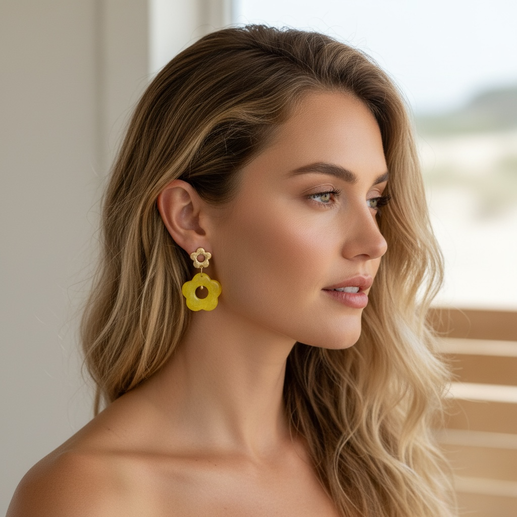 FRENCH RIVIERA Soleil Loop keltaiset kukkakorvakorut kirurginterästä ja akryyliä mallin korvassa.