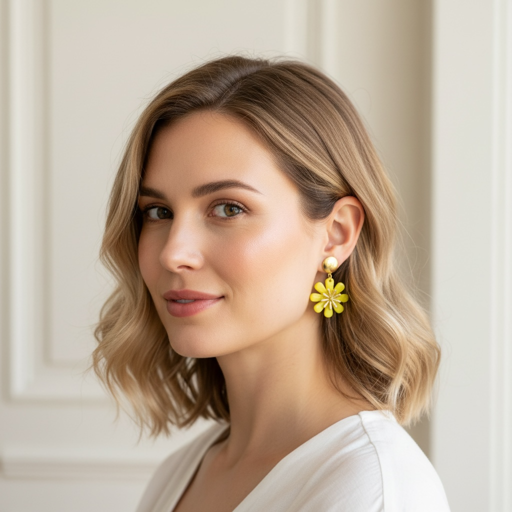 Keltaiset kukkakorvakorut Lemon Bloom – kirurginteräs ja akryyli, kesäinen ja kevyt malli.