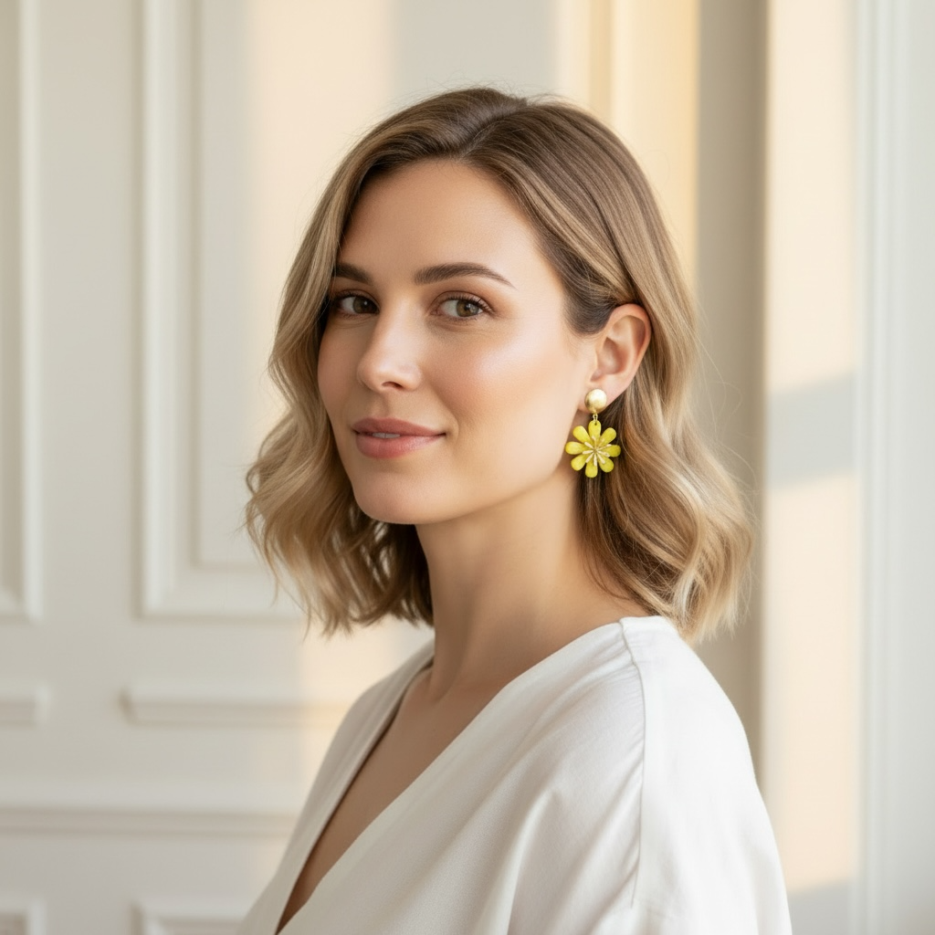 Elegantit kesäkorvakorut FRENCH RIVIERA Lemon Bloom – sitruunankeltainen kukkamuoto ja kullan sävyinen yläosa