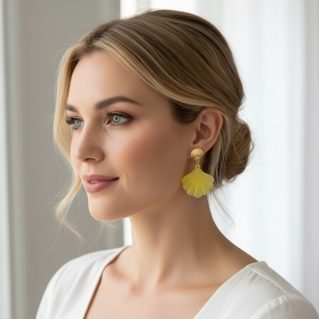 Elegantit kesäkorvakorut FRENCH RIVIERA Lemon Shell – sitruunankeltainen simpukkariipus, kevyt ja näyttävä malli