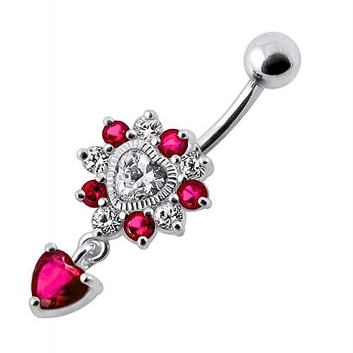 Titanium navel ring, Loving You ruby red dangling heart navel ring