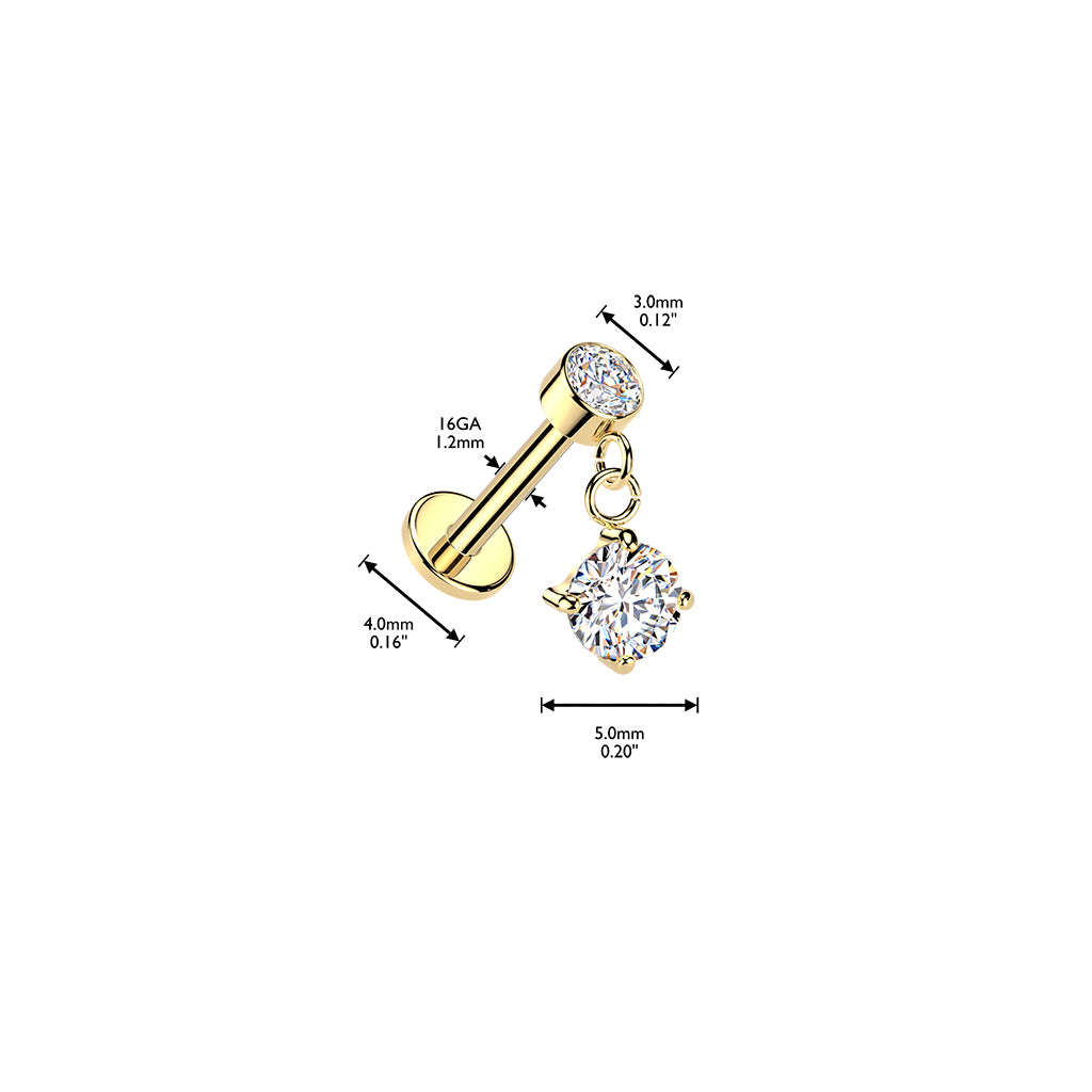 Mireya-labretin mitat: 1,2 × 8 mm varsi, 3 mm yläkristalli ja noin 5 mm kristalliriipus
