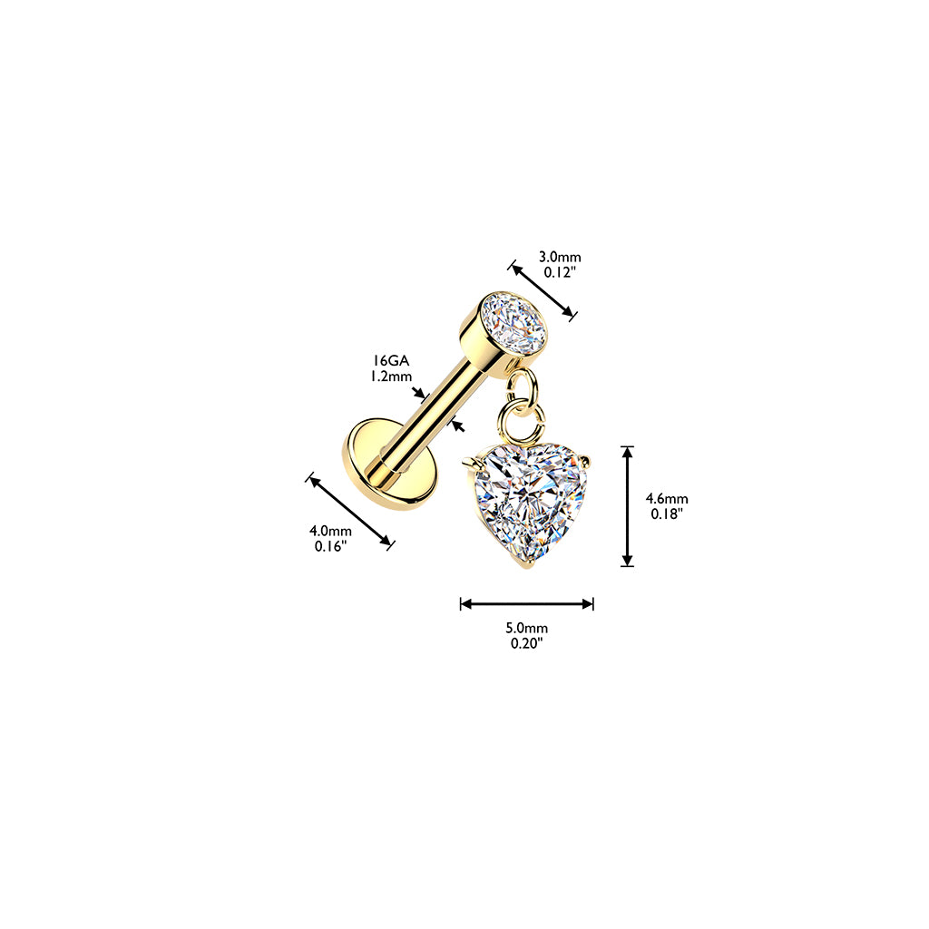 Maisie-labretin mitat: 1,2 × 8 mm varsi, 3 mm yläkristalli ja 5 × 4,6 mm sydänriipus