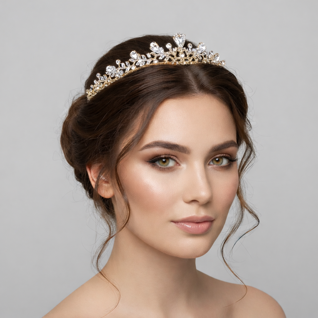 ROMANCE Charlotta kullanvärinen tiara kirkkailla korukivillä – klassinen juhlakoru vanhojentansseihin.