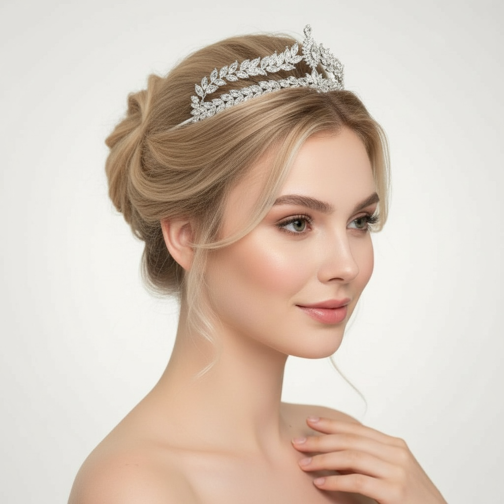 Hopeanvärinen ROMANCE Emilia Royale -tiara kampauksessa – korkea ja kuninkaallinen malli.