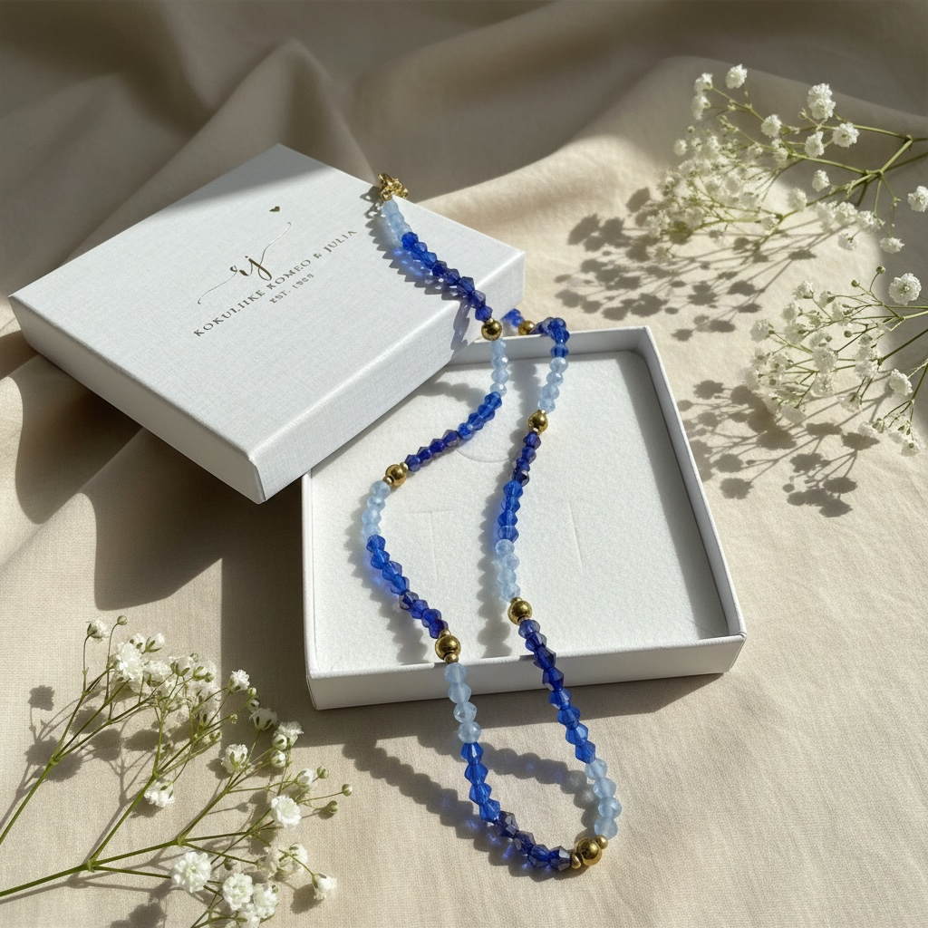 Jolie Sapphire -käsintehty helmikaulakoru vaalean ja syvän sinisillä helmillä, kullanvärinen ketju.