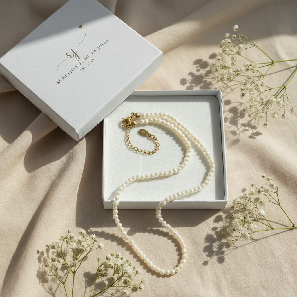 Käsintehty helmikaulakoru Koruliike Romeo & Julian rasiassa