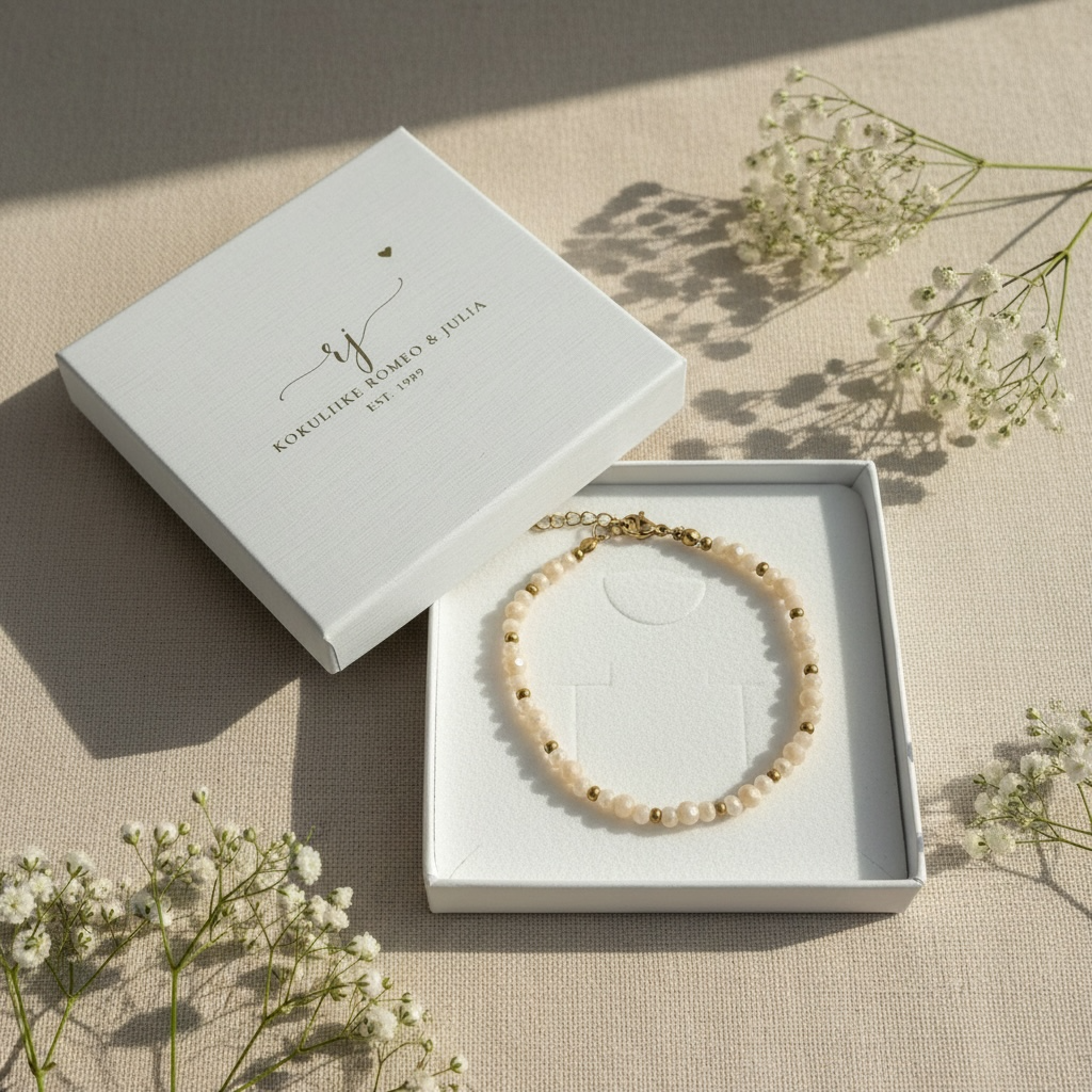 Käsintehty vaalea helmirannekoru Koruliike Romeo & Julian rasiassa