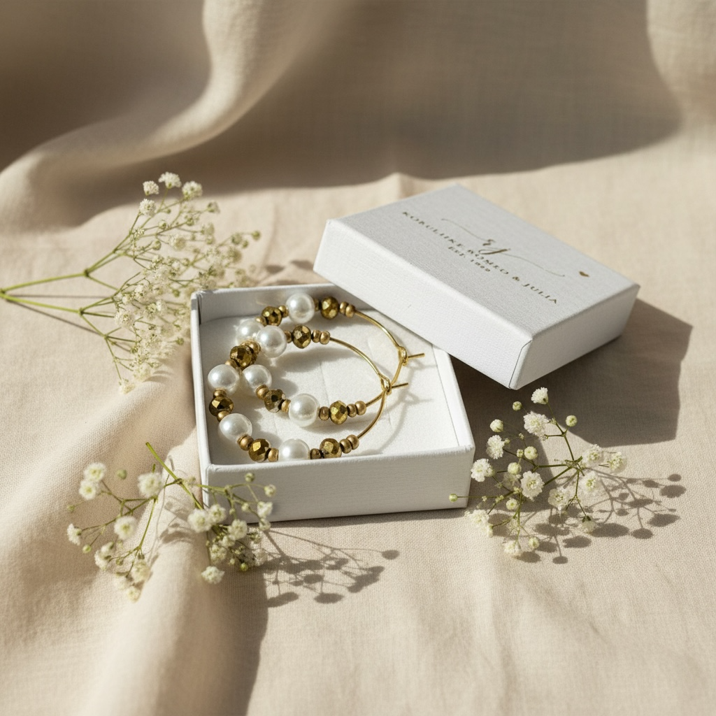 Elegantit Jolie Champagne -korvarenkaat, lähikuva helmien ja kullan sävyisistä yksityiskohdista.