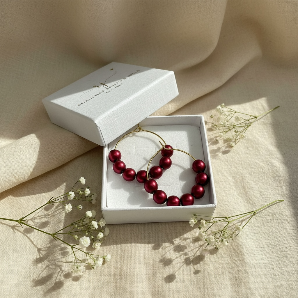 Jolie Bordeaux –käsintehdyt helmirenkaat (hohtava punainen, kulta)