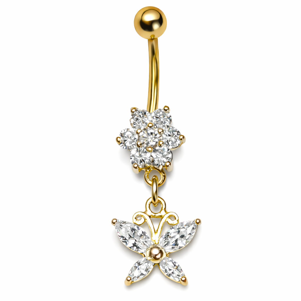 Kullattu Belisse napakoru kukka- ja perhoskoristeella valkoista taustaa vasten.