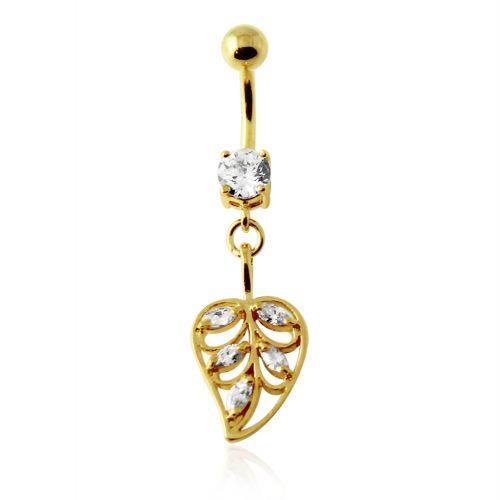 Gold-plated belly button ring, clear belly button ring with Magnolia leaf decoration
