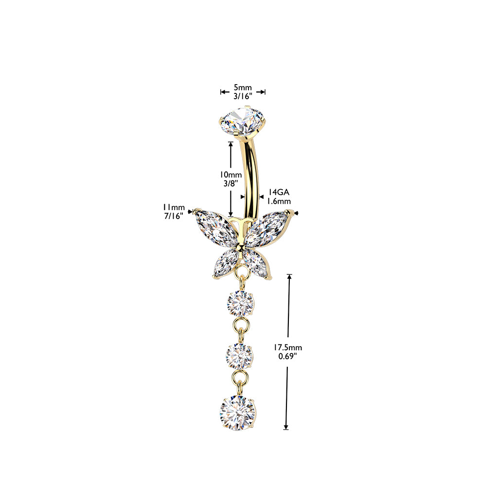 Sisäkierteinen titaaninen napakoru kirkkailla Cubic Zirconia -kristalleilla, kuvassa korun mitat.
