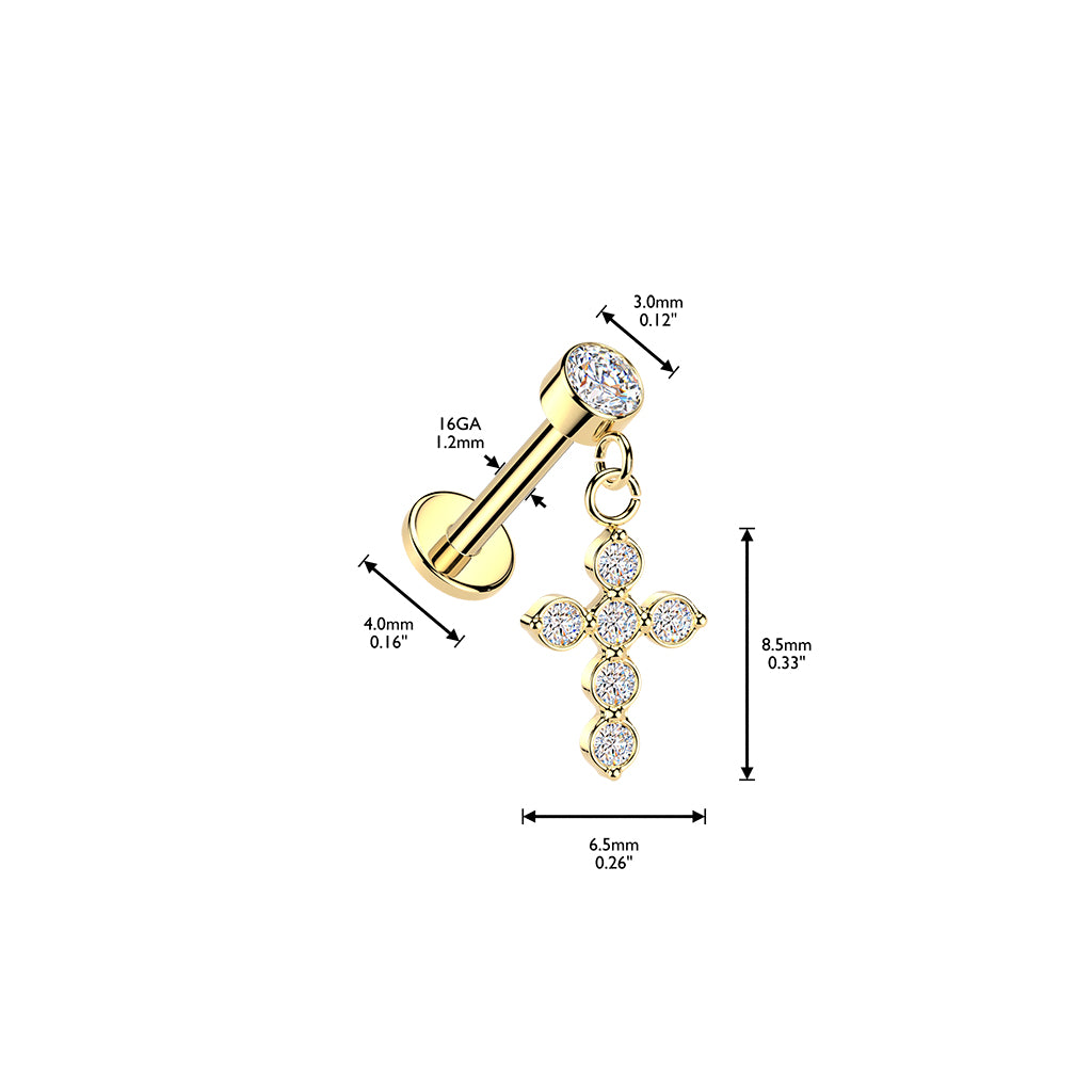 Cleo-labretin mitat: 1,2 × 8 mm varsi, 3 mm yläkristalli ja 8,5 × 6,5 mm ristiriipus