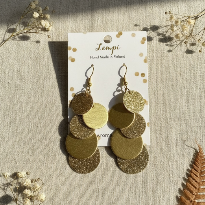 Käsintehdyt LEMPI® Helmi -korvakorut hunajakullassa, ajaton ja lämmin sävy
