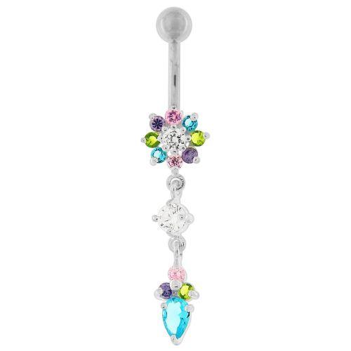 Titanium navel necklace, Jade multi-colored dangling flower navel necklace