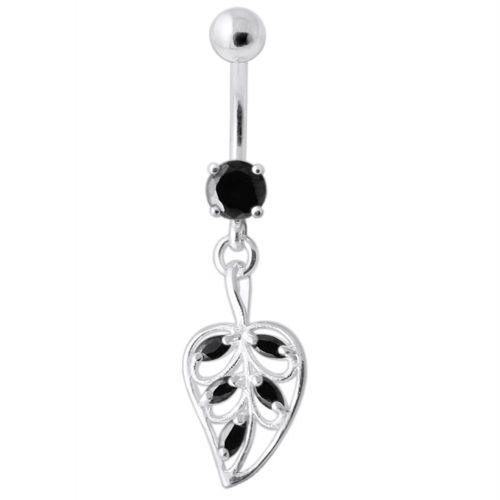 Titanium navel ring, black navel ring with Magnolia leaf decoration