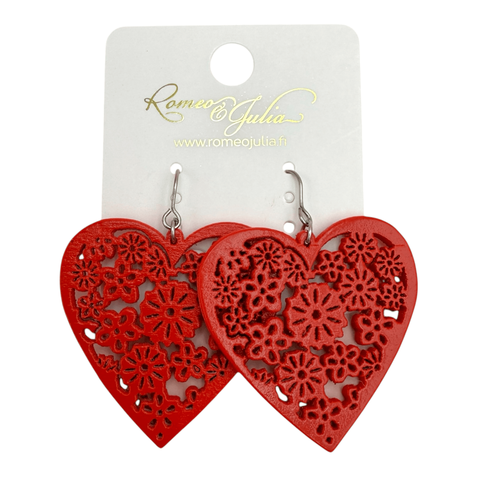 Puiset korvakorut, Sydän (punaiset pitsikoristeiset puukorvakorut)