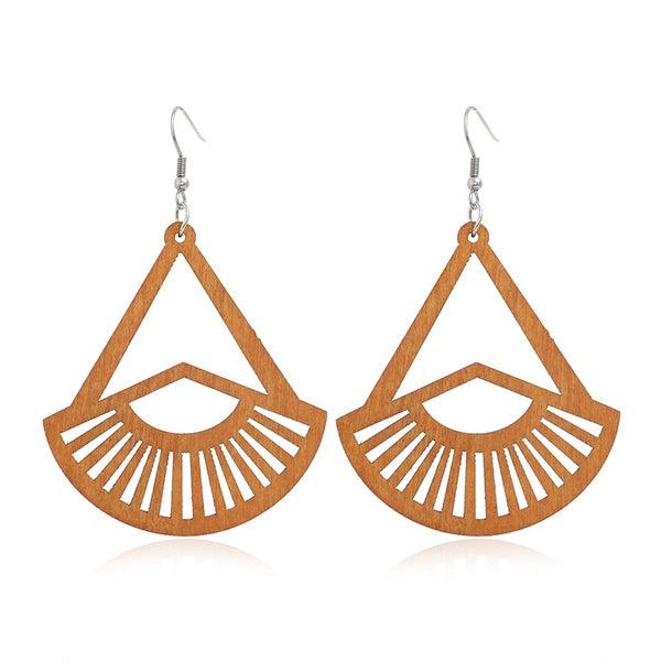 Wooden earrings, Verda - large fan-shaped earrings