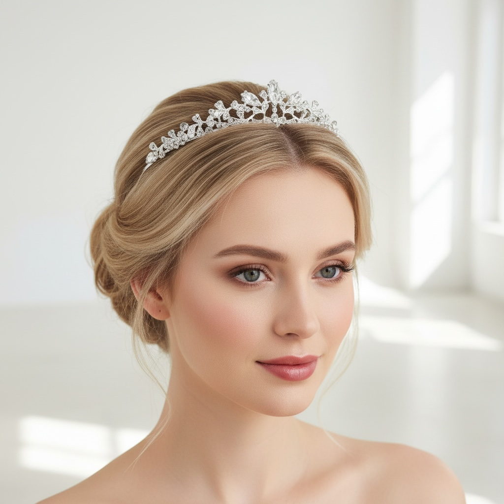 ROMANCE Vivienne tiara lähikuvassa mallin yllä – hopeanvärinen tiara kirkkailla kivillä ja cubic zirconioilla.