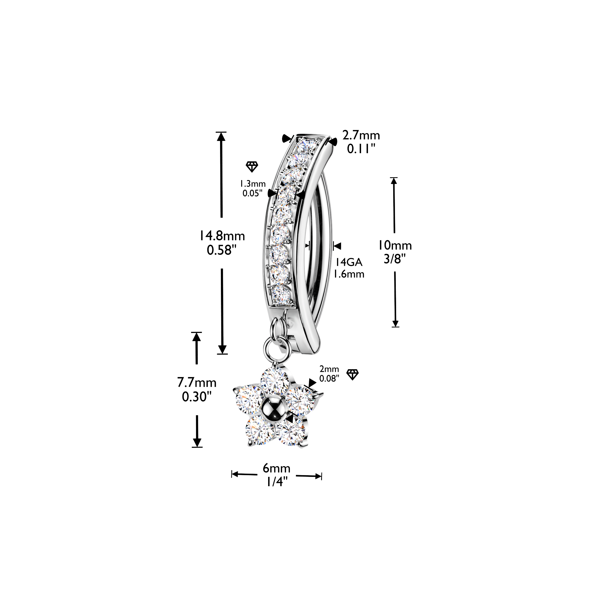 Siro clicker-naparengas kirkkailla Cubic Zirconia -kristalleilla -kuvassa mitat