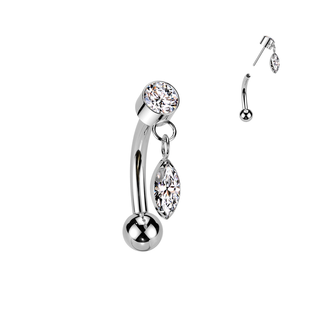 Curved Barbell 1,2mm, Titanium Crystaldrop – klassinen kristalli roikkuvalla yksityiskohdalla (hopea))