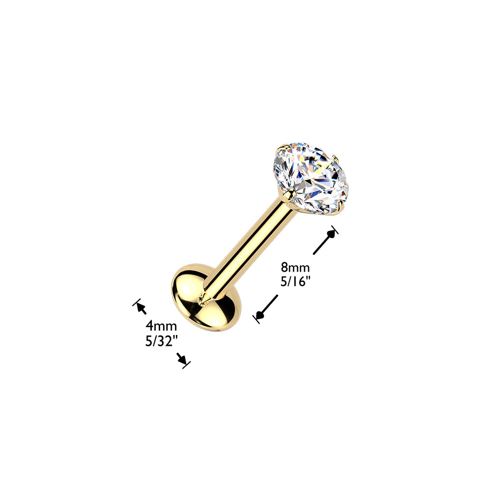 Valoria-labretin mitat: 1,2 × 8 mm varsi, 3 mm moissaniitti ja 4 mm kupera takaosa