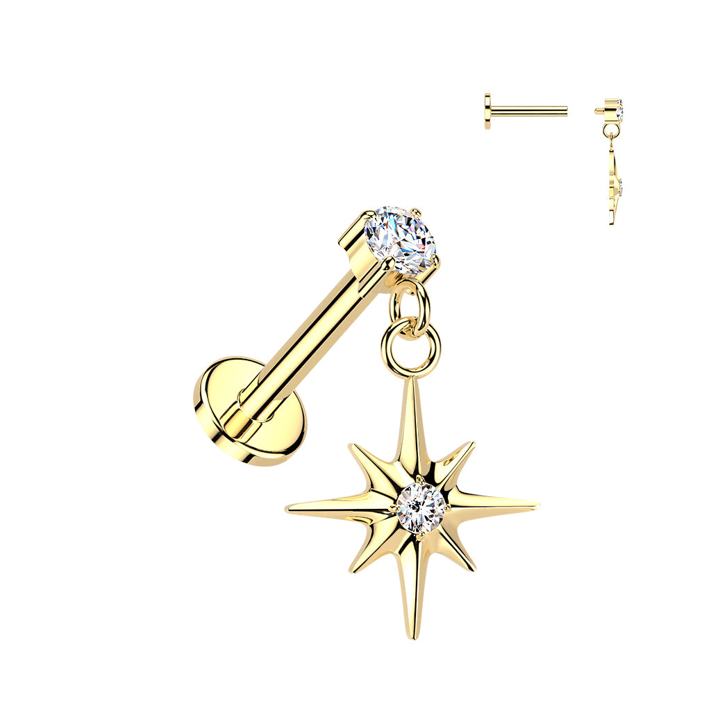 Titanium labret, CZ Convex Basic glitter labret with 3mm ball (gold)