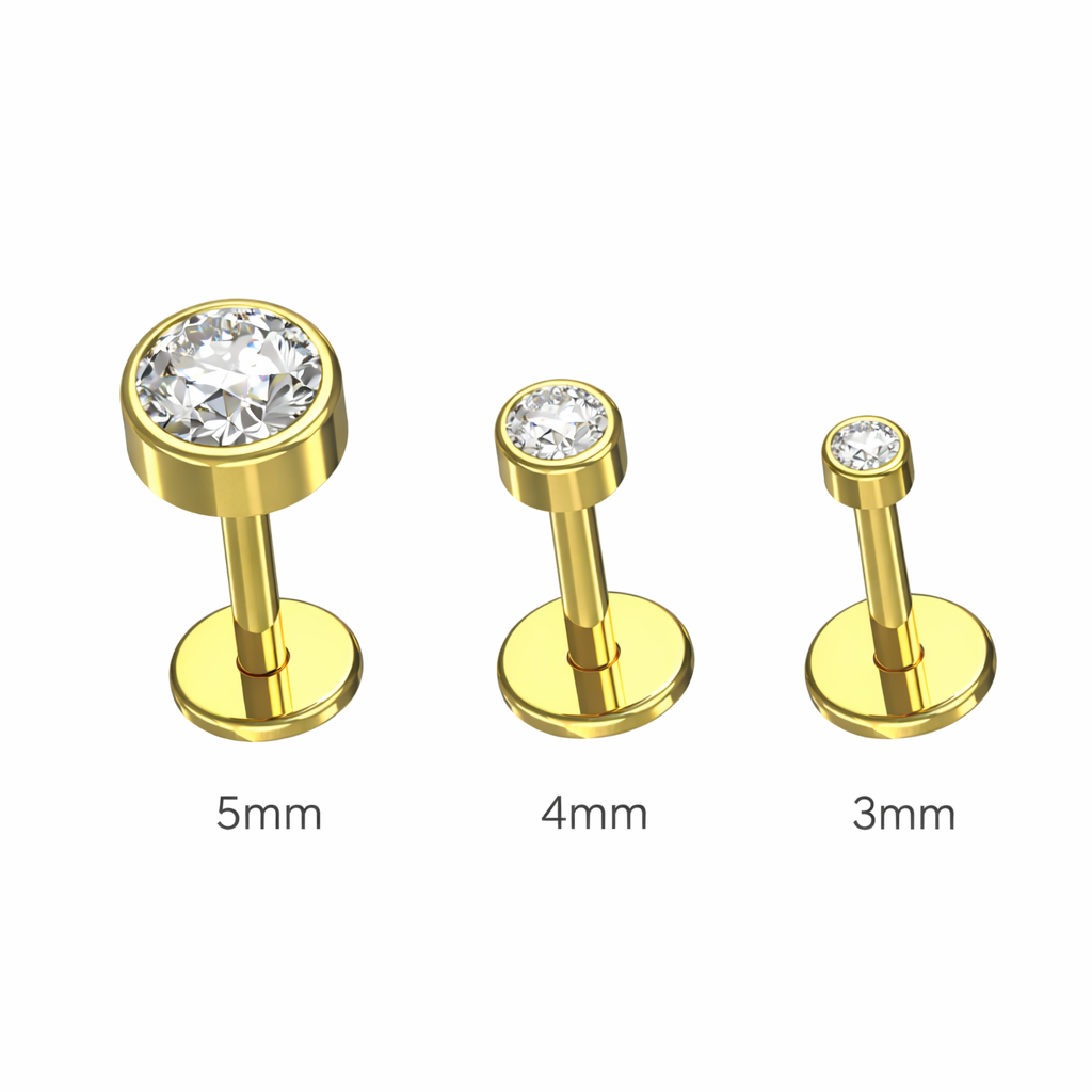 Titaanilabret 1,2mm, Titanium Bold Spark 5mm – pyöreä kristallilabret (kulta, push in)
