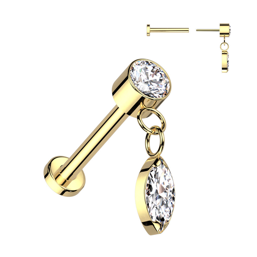 Kullanvärinen 1,0 mm titaanilabret roikkuvalla kristalliriipuksella.