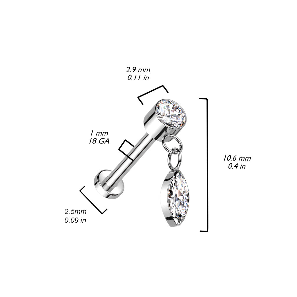 mplanttitason titaani labret roikkuvalla marquise-kristallilla, mitat kuvassa.