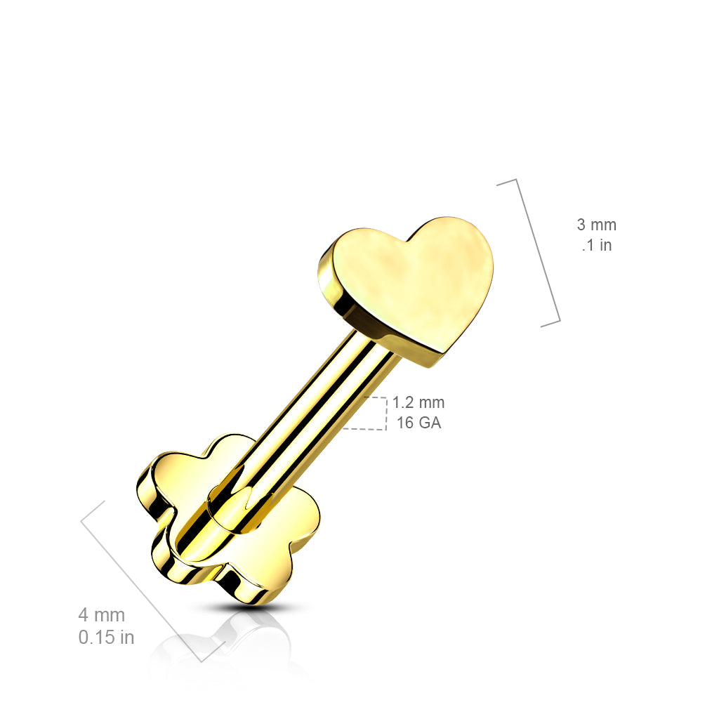 Ruusukultainen titaanilabret sydänkoristeella, push in -kiinnitys, 8 mm varsi. Kuvassa mitat.