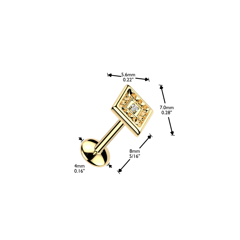Aurina rustokoru tragukseen ja helixiin kullanvärisenä push in -mallina, kuvassa merkittynä kokotiedot.