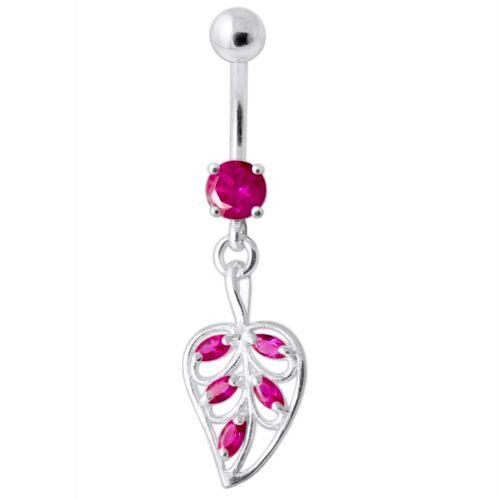 Titanium navel ring, dark pink navel ring with Magnolia leaf decoration