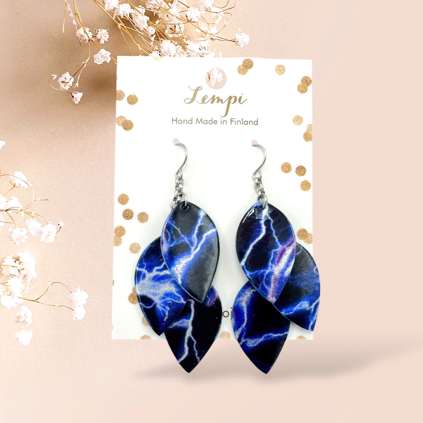 LEMPI® Pikku Vilja -korvakorut revontuli sininen, käsintehdyt kotimaiset korvakorut