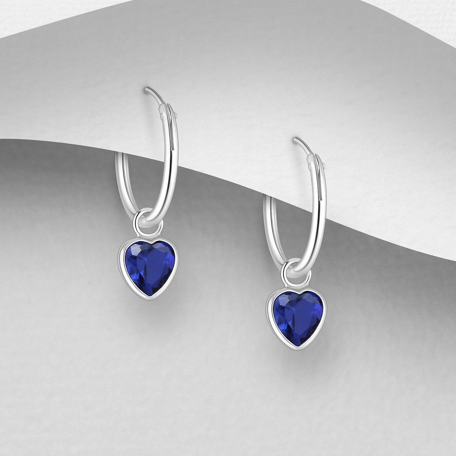 Silver Rings, CZ Huggie Hoops with Blue Heart