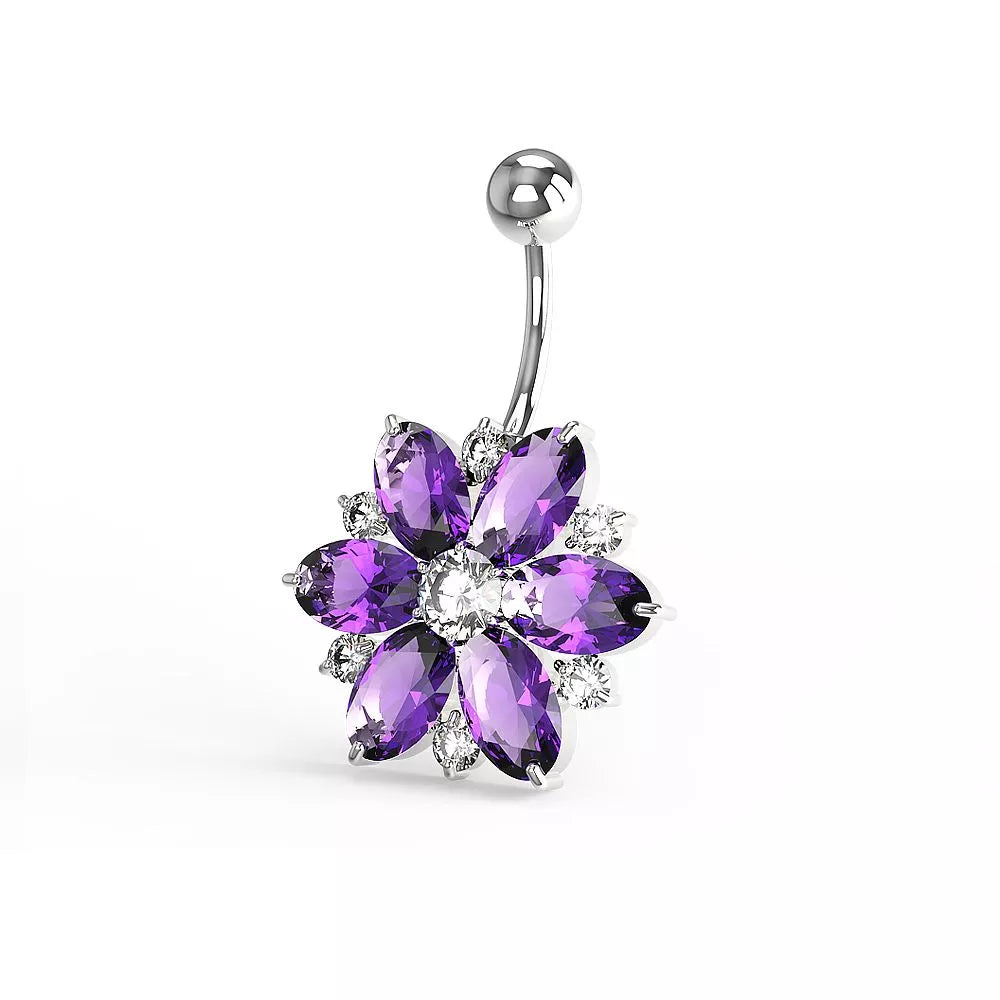 Tummanvioletti Florentine titaaninapakoru kukkakoristeella edestä kuvattuna.