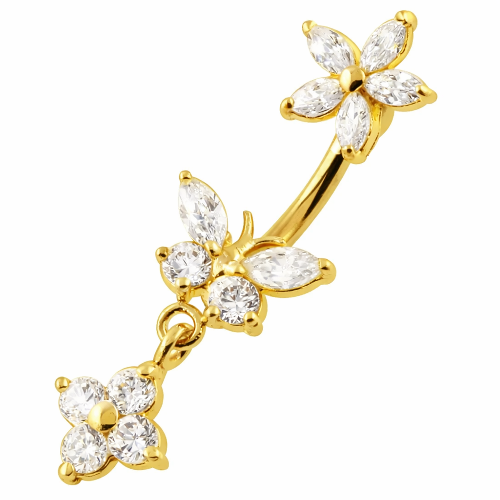 Kullattu Belianna napakoru kukka- ja perhoskoristeella valkoista taustaa vasten.