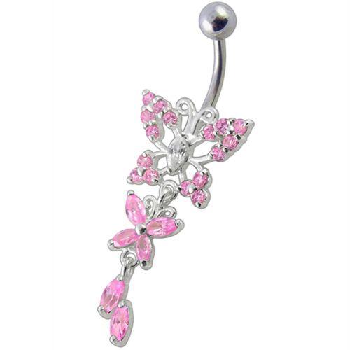 Titanium navel ring, Isla - pink dangling butterfly navel ring